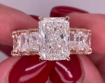 11 Carat Diamond Ring Radiant cut Lab grown Diamond e color vvs clarity IGI certificate, Engagement ring , radiant side stones 14k gold