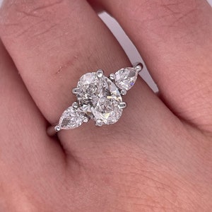 2 Carat Oval Diamond Ring Three Stones engagement ring lab grown diamond igi certified e color vs1 clarity pear cut side stones 14k gold