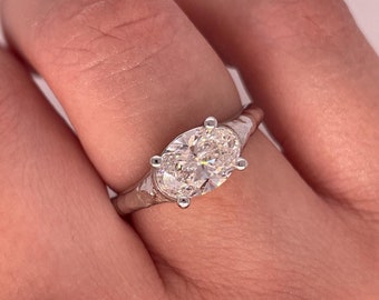 East West Oval Diamond Ring: 14K Gold Bezel Engagement Ring
