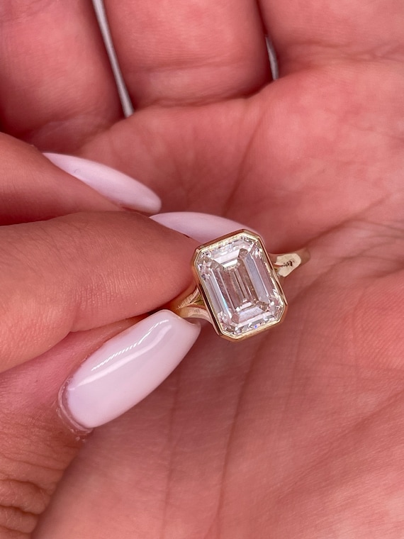 Carat Emerald Cut Lab Grown Diamond Ring: 14k Gold Bezel Solitaire