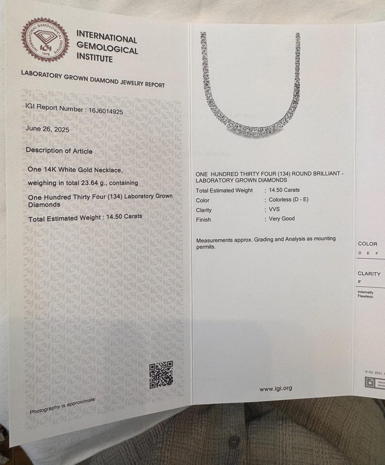 14.5 Carat Lab Grown Diamond Tennis Necklace: 14k Gold, IGI Certified ...