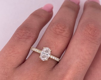 Anillo Daimond de 1,10 quilates de talla ovalada Diamante cultivado en laboratorio cvd Anillo de compromiso Color G Claridad VS1 Certificado IGI Oro amarillo de 14 k