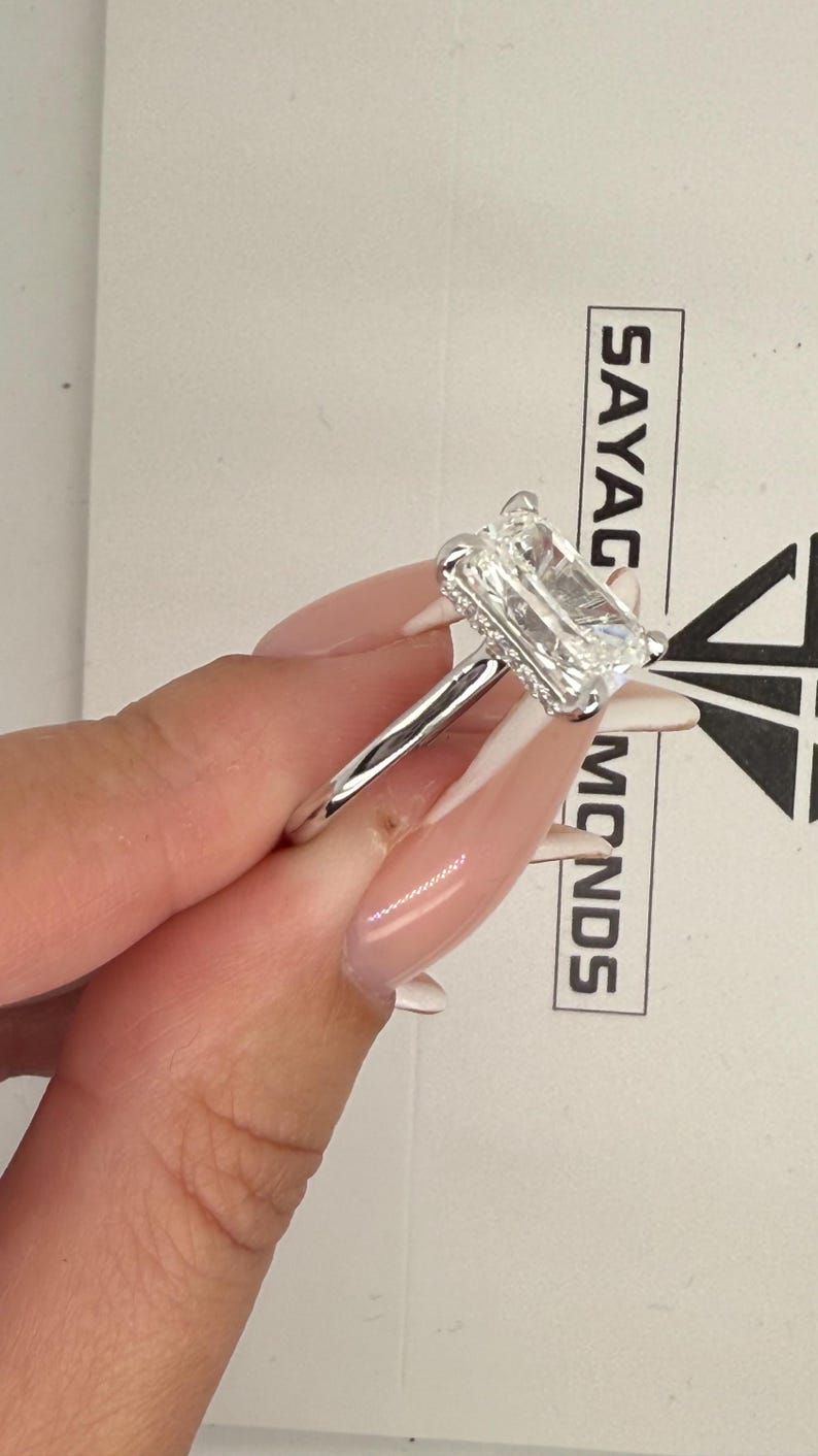 3 Carat Radiant Lab Grown Diamond Engagement Ring, 14k Gold Hidden Halo ...