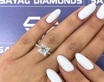 2.50 Carat Diamond Ring, princess cut Lab grown diamond Engagement ring, e color vs1 clarity IGI Certificate hidden halo 14k gold