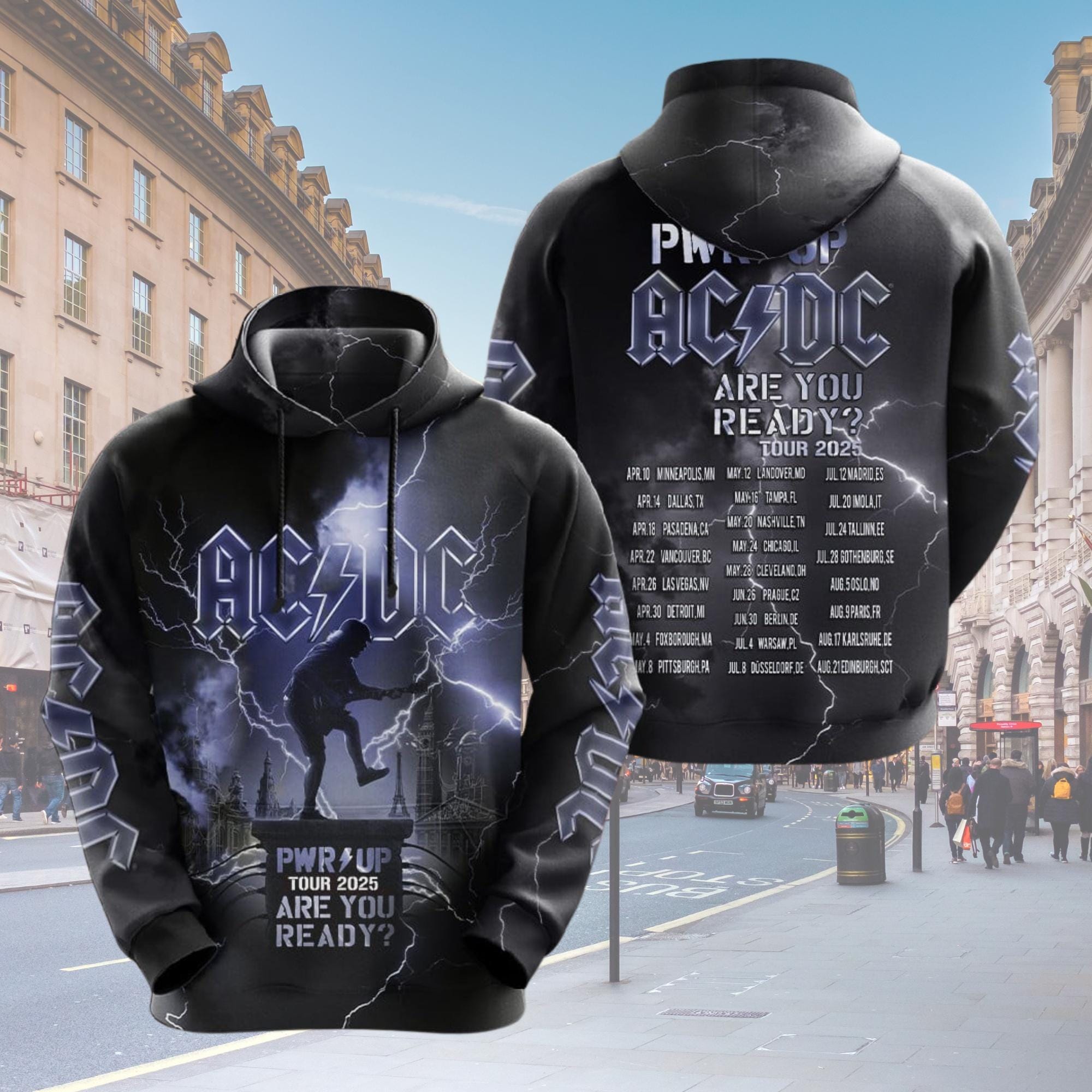 T-Shirt Original ACDC Neon Bolt PWR UP World Tour 2024 2025 Tour Dates Two Sided Unisex Hoodie Ac/dc Are You Ready Pwr Up Tour 2025 Pullover Hoodie For Men