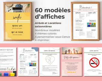 60 affiches Airbnb et location saisonnière, langue : français, modèle personnalisable sous Canva, à imprimer, bienvenue, wifi, non fumeur