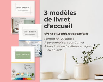 3 modèles colorés de livret d'accueil pour Airbnb, chambres d'Hôtes, gîtes et locations de vacances.