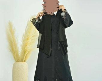 Open Abaya With Lace, Flower Embroidery, Abaya For Women, Eid Dress, Modest Dress, Eid Dress, Eid Gifts, Muslim Abaya