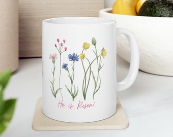 Christian Coffee Mug: "He Is Risen, He Is Risen Indeed" Easter Gifts Floral Mug | Chritian Coffee Cup | Christian Teacher Gift | Pastor Gift