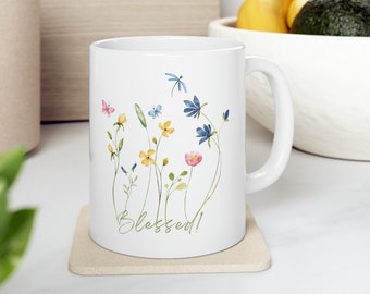 Christian Mug: BLESSED! | Easter Gift | Wild Flowers Mug | Christian Gifts | Christian Gifts for Women | Friend Blessing | Spring Floral Cup