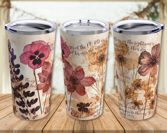 Christian Tumbler | Pressed Flower Cottage Core Bible Verse Tumbler | Vintage-look Floral Tumbler | Garden Lover | Christian Scripture Gift