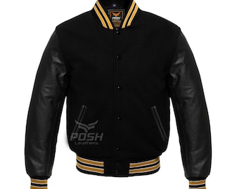 Handmade Black Wool Varsity Jacket: Genuine Leather Sleeves, Gold Detail