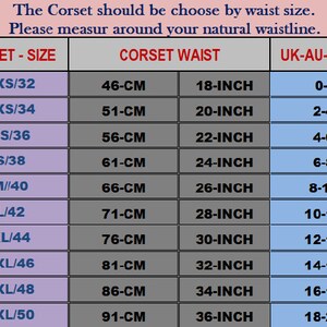 May include: A chart showing corset sizes in inches and centimeters, along with corresponding UK and Australian sizes. The chart includes sizes from 3XS to 4XL, with corresponding waist measurements in inches and centimeters.