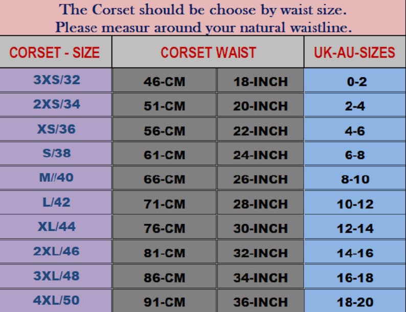 May include: A chart showing corset sizes in inches and centimeters, along with corresponding UK and Australian sizes. The chart includes sizes from 3XS to 4XL, with corresponding waist measurements in inches and centimeters.