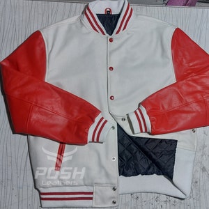 Handmade Jacket Varsity Letterman Baseball Unisex jacket in Cream Wool and Genuine Red Leather Sleeves Streetwear Jacket