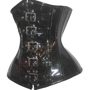 May include: Black patent leather corset with silver buckles and a lace-up back.