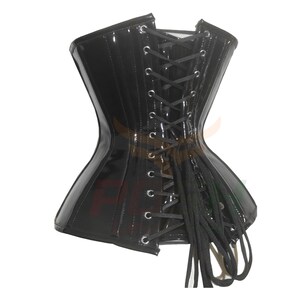 May include: A black patent leather corset with a lace-up back and a long, flowing train. The corset is designed to cinch the waist and create a dramatic silhouette.