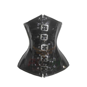 May include: Black patent leather corset with silver buckles and lacing. The corset has a pointed, hourglass shape.