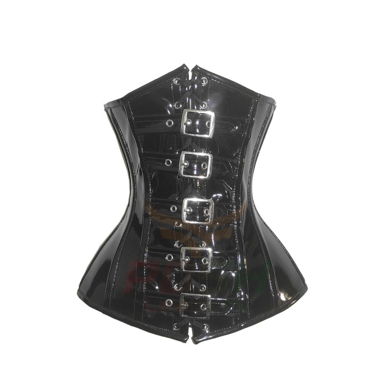 May include: Black patent leather corset with silver buckles and lacing. The corset has a pointed, hourglass shape.