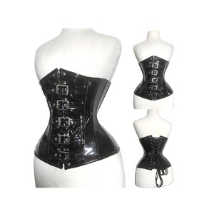 May include: Black patent leather corset with silver buckles and a lace-up back.