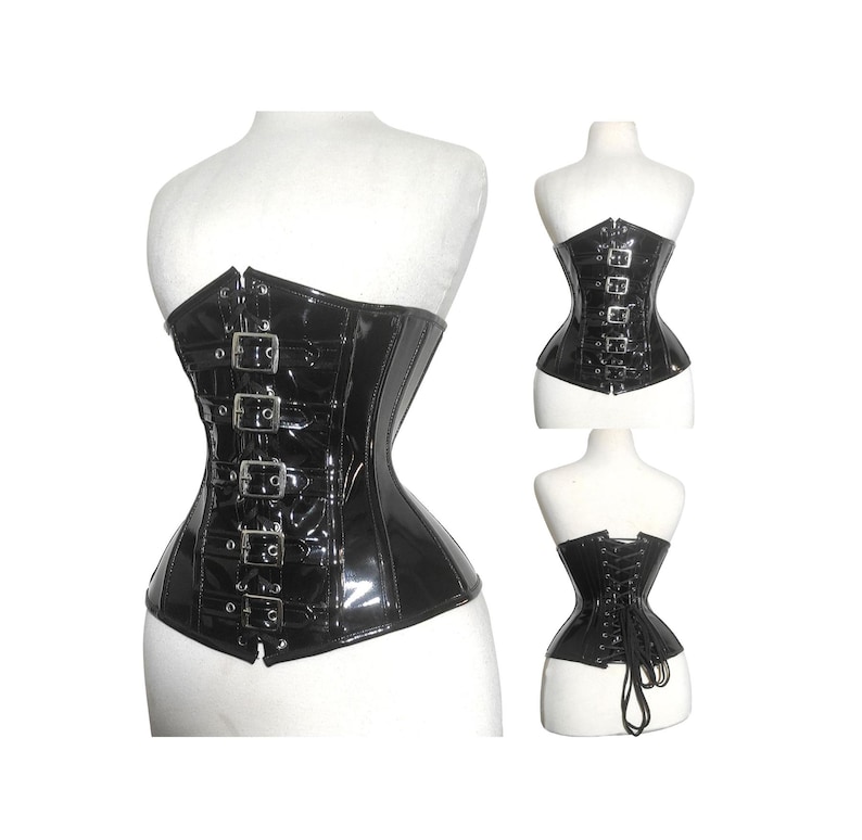 May include: Black patent leather corset with silver buckles and a lace-up back.