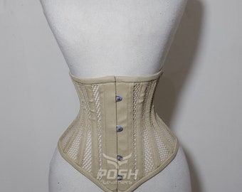 Women Handmade Cotton Beige Mesh Steel Boned Underbust Corset Truly Waist Cincher Mesh Hourglass- Gift for her