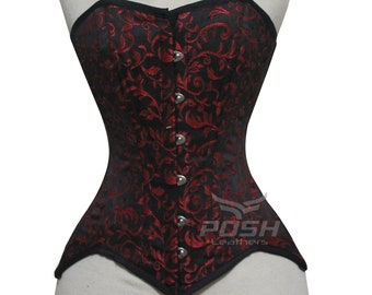 Corset pour femmes, taille désossée en acier, brocart steampunk rouge noir fait main