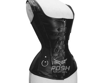 Heavy Duty Overbust Leather Corset Steampunk Black Goth Style Buckle Closure with Zip Black Leather Straps Corset Steel Boned Corset C15L