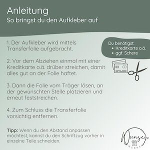 May include: Instructions for applying a sticker, with steps and illustrations. The text is in German. Includes a list of needed items: a credit card and scissors. The logo for Wunsch Werke is in the bottom right corner.