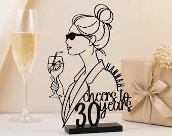Personalisiertes  Geldgeschenk zum 30. Geburtstag für Frauen, Cheers to 30 years, Line Art 3D-Aufsteller, minimalistisches Design