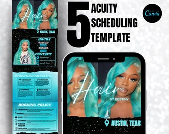 May include: A mobile phone screen displaying a scheduling template for a hair salon. The template features a black background with white text and a turquoise and blue color scheme. The text includes the salon name "Hair by Destiny", the location "Austin, Texas", and the hours of operation. The template also includes a section for appointment preparation and booking policy.