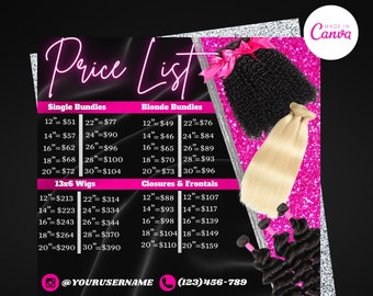 Hair Price list Flyer: Hair Bundle Deals, Extensions Pricing Flyer, Wig Price List Template, Bundle Offers, Hair Extensions, Wig Sale