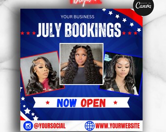 Juli Buchungsflyer, 4. Juli Buchungsflyer, Juli Haare, Nägel, Make-up MUA Lashtech Braider Perücken, Social Media, Canva Template, Jetzt buchen, Juli