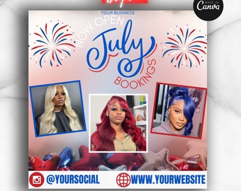 Juli Buchungsflyer, 4. Juli Buchungsflyer, Juli Haare, Nägel, Make-up MUA Lashtech Braider Perücken, Social Media, Canva Template, Jetzt buchen, Juli