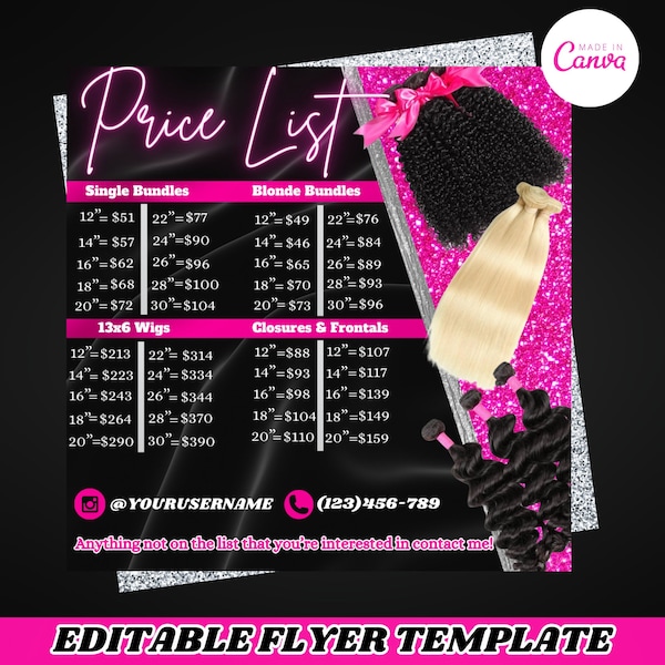 Hair Price list Flyer: Hair Bundle Deals, Extensions Pricing Flyer, Wig Price List Template, Bundle Offers, Hair Extensions, Wig Sale