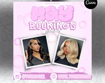 May include: Pink flyer with the text "Flygirl" in neon pink letters, "May Bookings Now Open" in bubble letters, and two photos of women with styled hair. The flyer also includes the text "@YourSocial" and "www.yourwebsite.com".