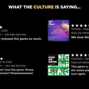 May include: Image featuring four customer reviews for "SING OR DRINK" game editions. Each review includes a rating, date, and a short comment. The game covers are visible, with text and graphics.