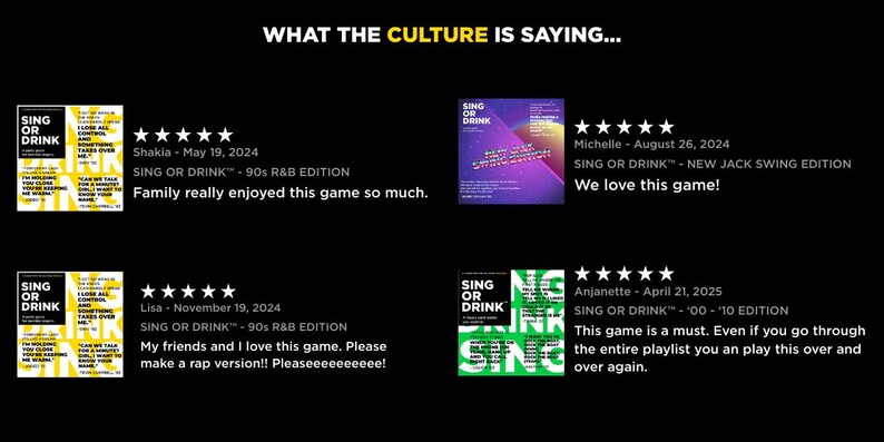 May include: Image featuring four customer reviews for "SING OR DRINK" game editions. Each review includes a rating, date, and a short comment. The game covers are visible, with text and graphics.
