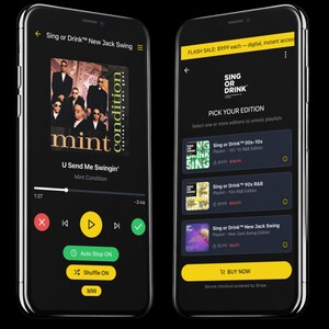 May include: Two smartphones displaying the "Sing or Drink" app. One shows a music player with the song "U Send Me Swingin'" by Mint Condition. The other shows playlist options, including "New Jack Swing" and a "Buy Now" button.