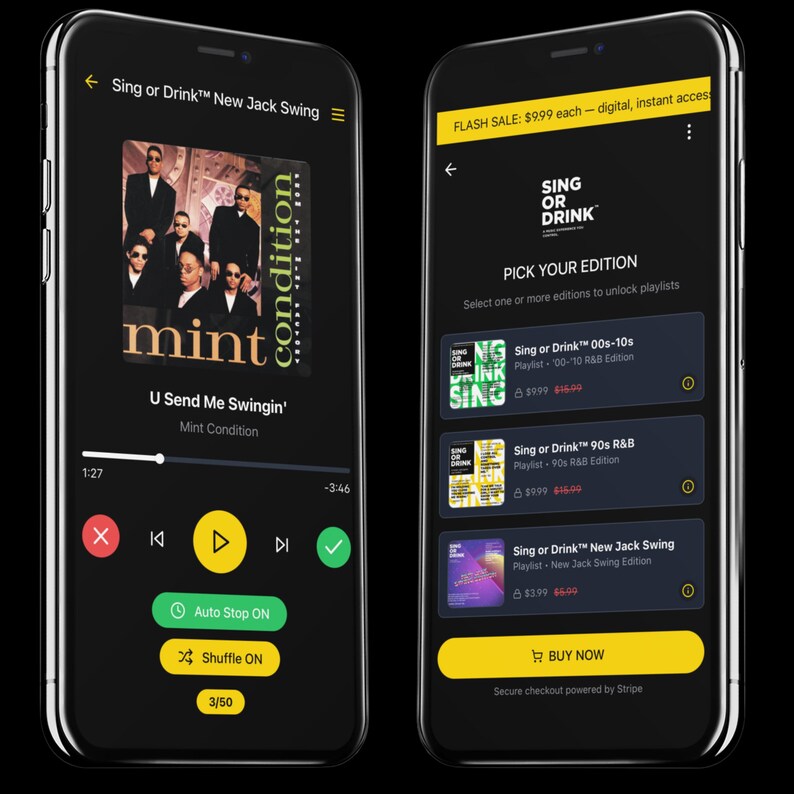 May include: Two smartphones displaying the "Sing or Drink" app. One shows a music player with the song "U Send Me Swingin'" by Mint Condition. The other shows playlist options, including "New Jack Swing" and a "Buy Now" button.