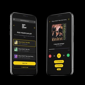 May include: Two smartphones displaying the "Sing or Drink" app. One screen shows playlist options, including "90s R&B" and "New Jack Swing." The other screen plays "U Send Me Swingin'" by Mint Condition, with playback controls.