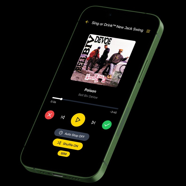 May include: A green smartphone displays a music app interface. The screen shows the album art for Bell Biv DeVoe's "Poison" and playback controls. The app's interface includes a progress bar, play/pause, skip, and shuffle options.
