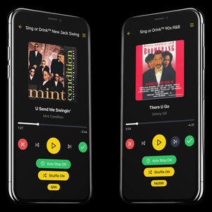 May include: Two smartphones displaying music app interfaces. One shows "U Send Me Swingin'" by Mint Condition, the other "There U Go" by Johnny Gill. Both screens feature play controls, song progress bars, and app navigation.