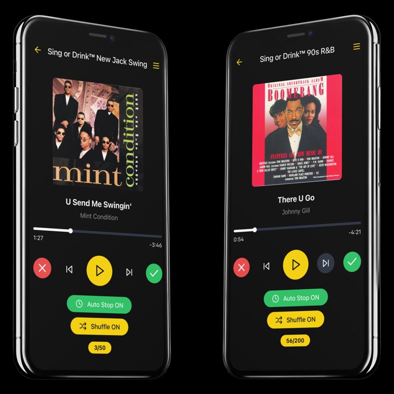 May include: Two smartphones displaying music app interfaces. One shows "U Send Me Swingin'" by Mint Condition, the other "There U Go" by Johnny Gill. Both screens feature play controls, song progress bars, and app navigation.