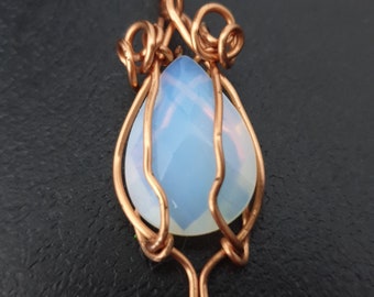 Opalite Crystal Copper Wirewrapped Pendant Handmade Necklace, wire wrapped gemstone necklace, one of a kind artisan jewelry