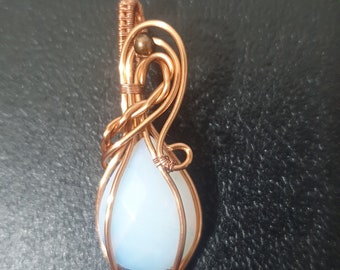 Opalite Wire Wrapped Copper Pendant, wire wrapped gemstone necklace, one of a kind artisan jewelry