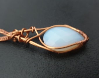 Opalite Wire Wrapped Copper Pendant, wire wrapped gemstone necklace, one of a kind artisan jewelry