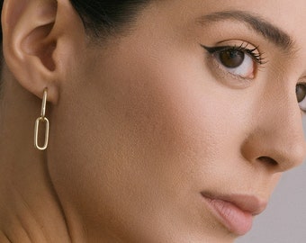 Solid Gold Paperclip Link Dangle Earrings: Fine 14K Gold Jewelry