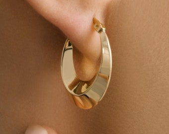 Solid Gold Minimal Classy Hoop Earrings, Fine Handmade Gold Jewelry, 14K Bold Chunky Cool Earrings, Unique Summer Wedding Gift
