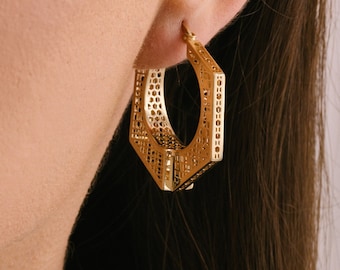 Geometric 3D Small Hoop Earrings, Fine Handmade Maximalist Jewelry, 14K Solid Gold Modern Edged Earrings, Unique Summer Wedding Gift